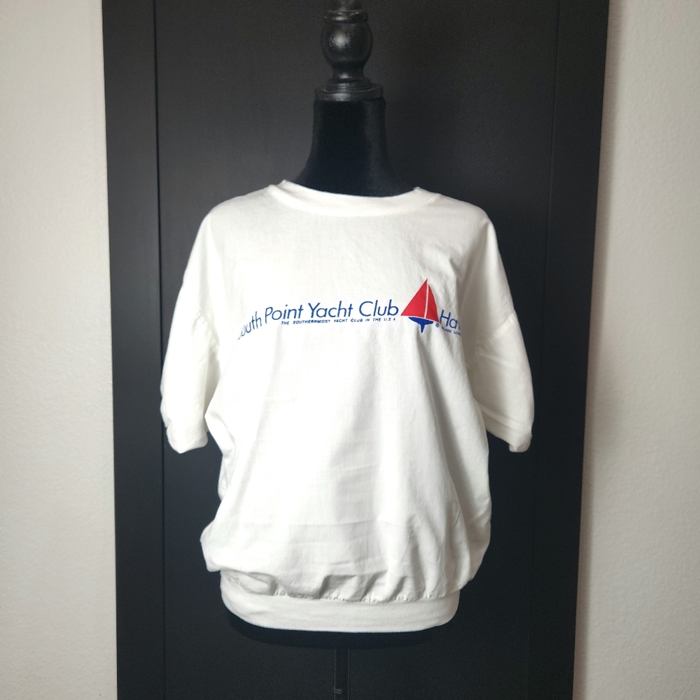 VINTAGE RARE 80'S HAWAIIAN SOUTH POINT YACHT CLUB SHORT SLEEVE BANDED SHIRT SZ L